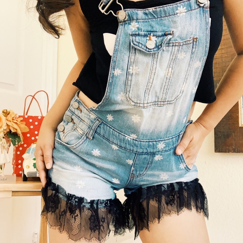 Lace denim overalls